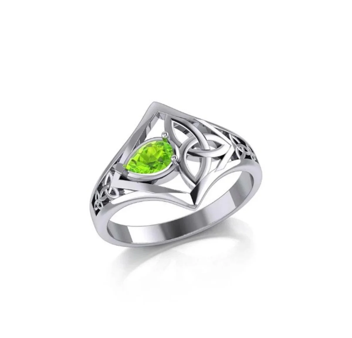 Peridot Gemstone Trinity Knot Engraved Silver Ring – Celtic Symbol Jewelry - Image 3 | Lily's Pad Studio