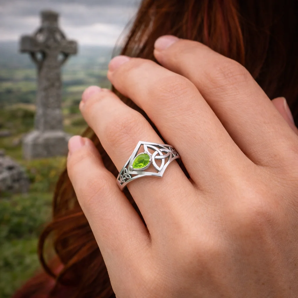 Peridot Gemstone Trinity Knot Engraved Silver Ring – Celtic Symbol Jewelry - Image 2 | Lily's Pad Studio