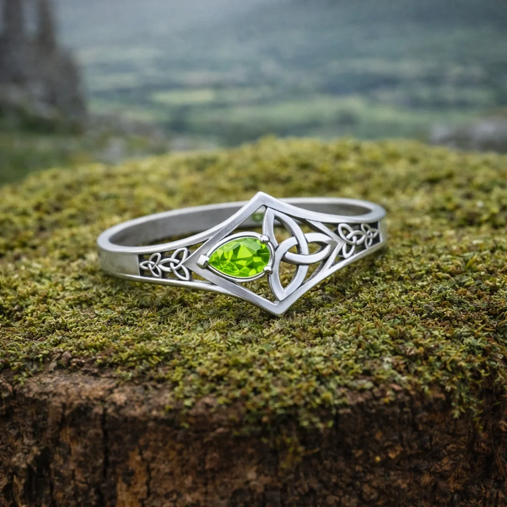 Peridot Gemstone Trinity Knot Engraved Silver Ring – Celtic Symbol Jewelry | Lily's Pad Studio