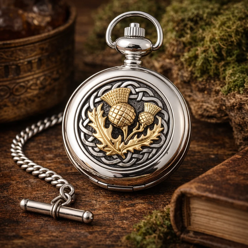 Pewter Thistle Quartz Pocket Watch – Celtic Scottish Heritage Timepiece | Lily's Pad Studio