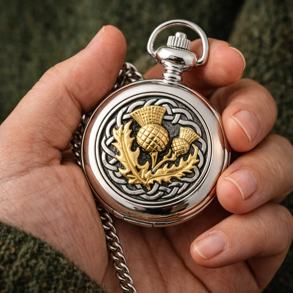 Pewter Thistle Quartz Pocket Watch – Celtic Scottish Heritage Timepiece - Image 3 | Lily's Pad Studio