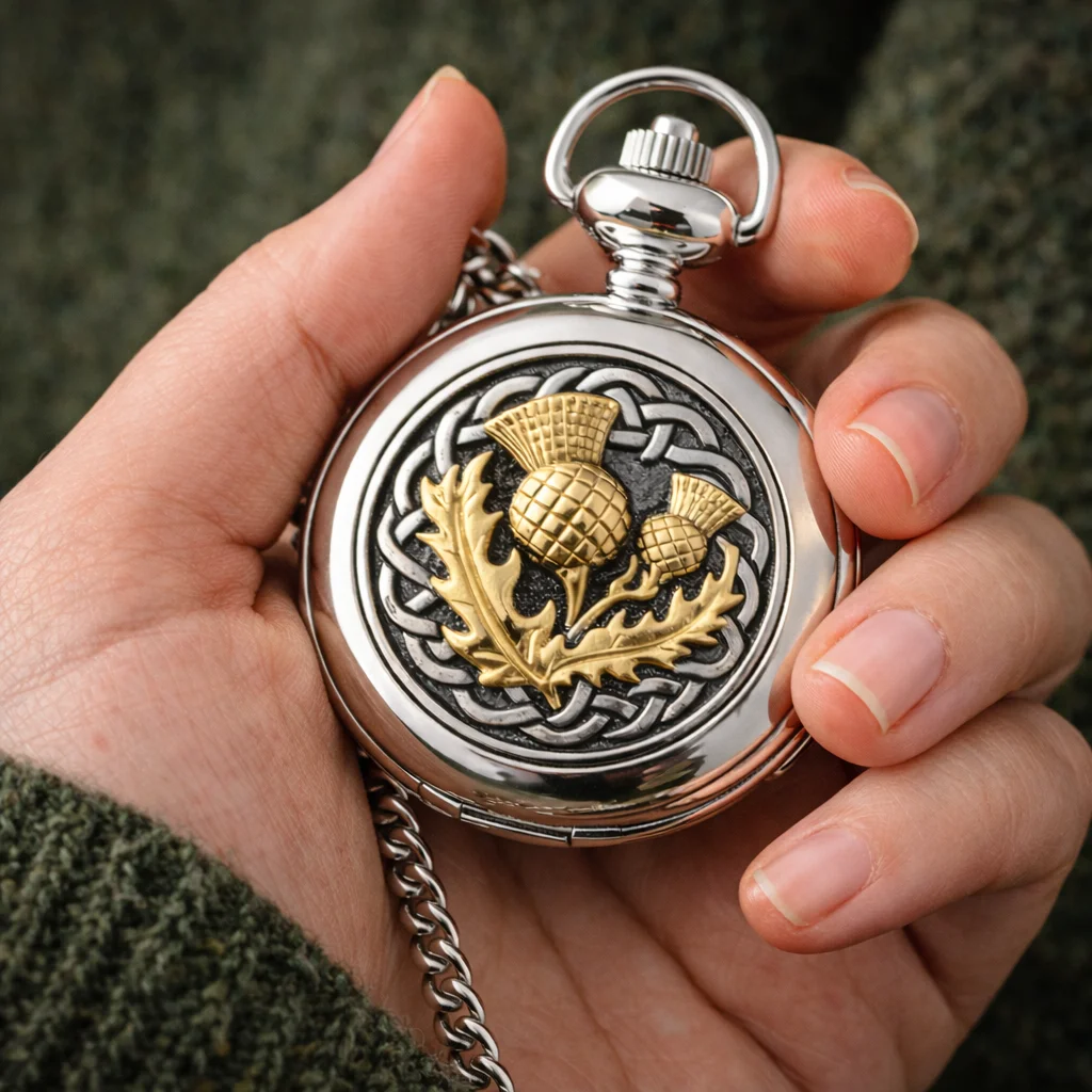 Pewter Thistle Quartz Pocket Watch – Celtic Scottish Heritage Timepiece - Image 2 | Lily's Pad Studio