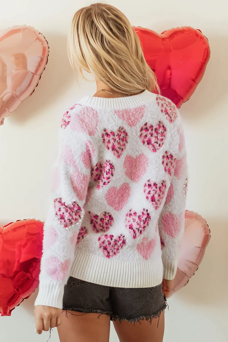 Pink Heart Leopard Print Pearled Ribbed Trim Fuzzy Sweater - Image 2 | Lily's Pad Studio