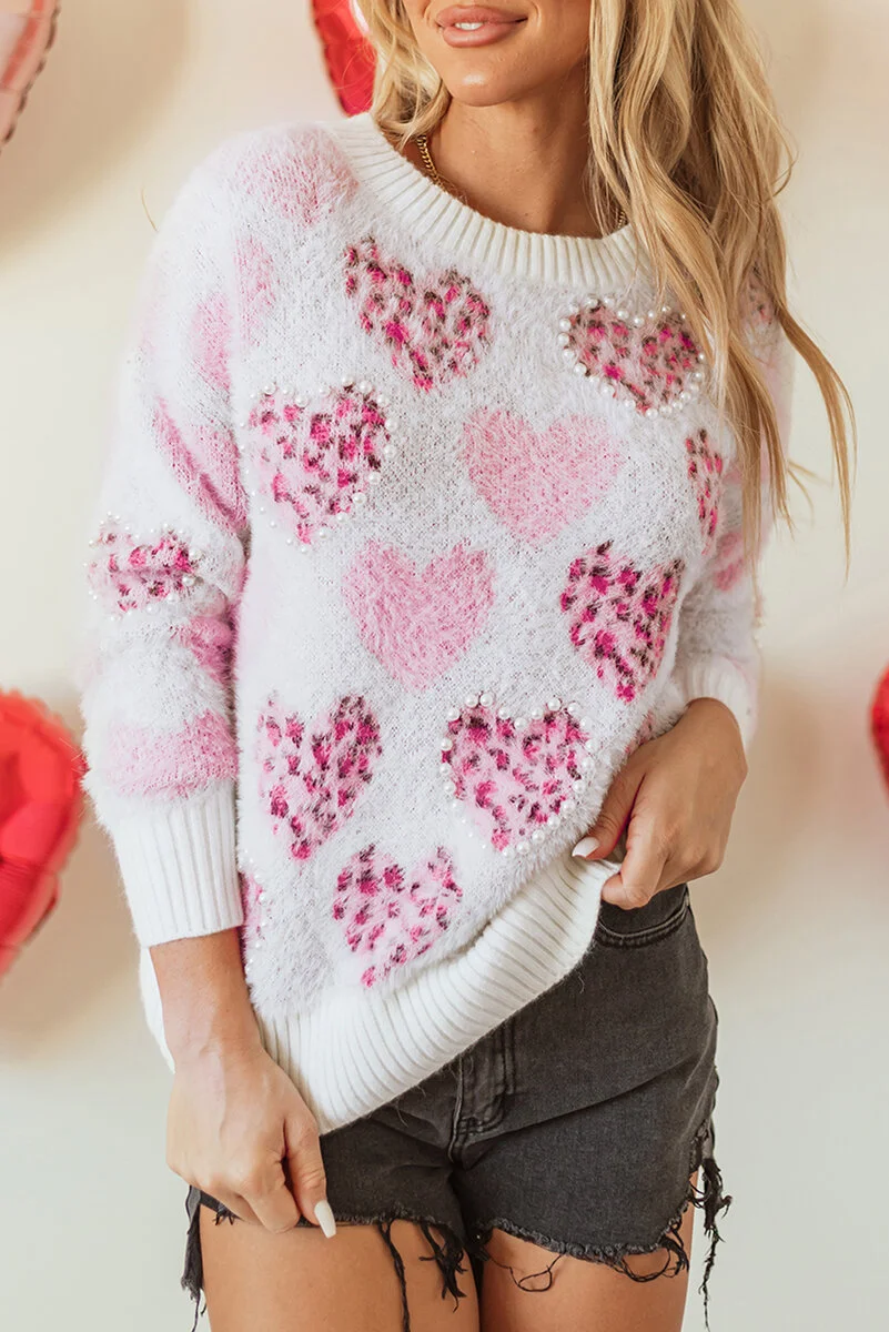 Pink Heart Leopard Print Pearled Ribbed Trim Fuzzy Sweater - Image 8 | Lily's Pad Studio