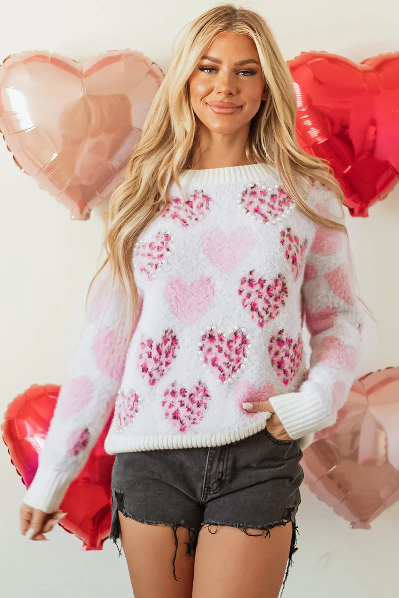 Pink Heart Leopard Print Pearled Ribbed Trim Fuzzy Sweater - Featured Product | Lily's Pad Studio