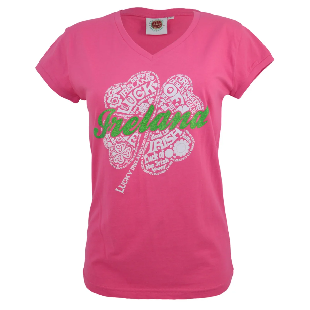 Pink Ireland Shamrock Word Art V-Neck T-Shirt | Lily's Pad Studio