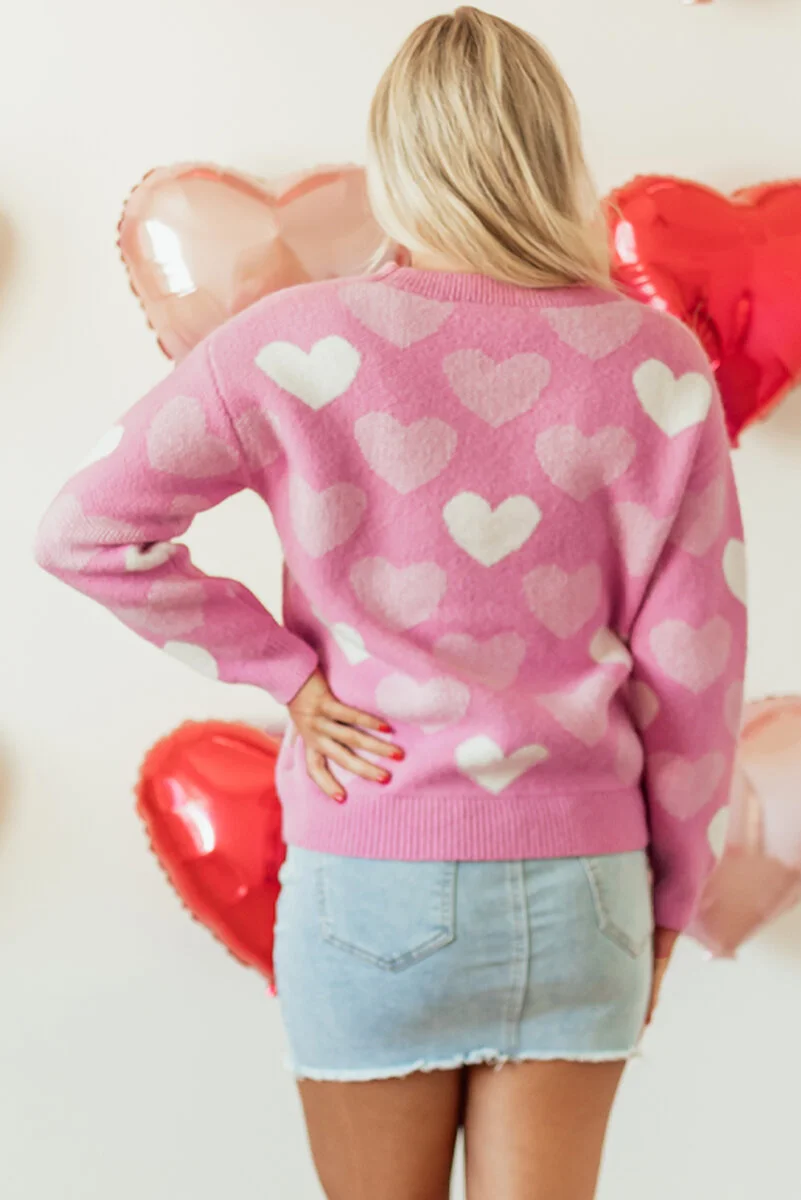 Pink Pearled Heart Print Valentines Crew Neck Sweater - Image 2 | Lily's Pad Studio