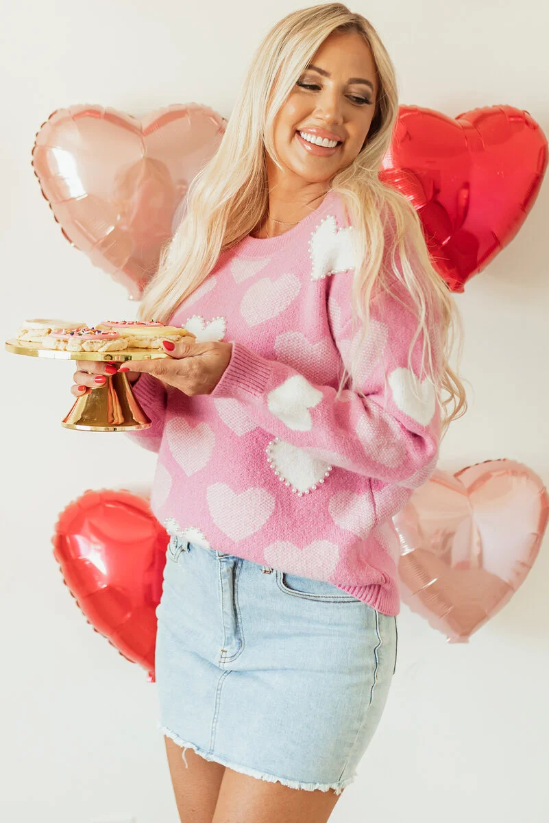 Pink Pearled Heart Print Valentines Crew Neck Sweater - Image 3 | Lily's Pad Studio