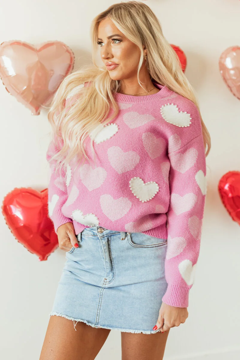 Pink Pearled Heart Print Valentines Crew Neck Sweater - Image 4 | Lily's Pad Studio