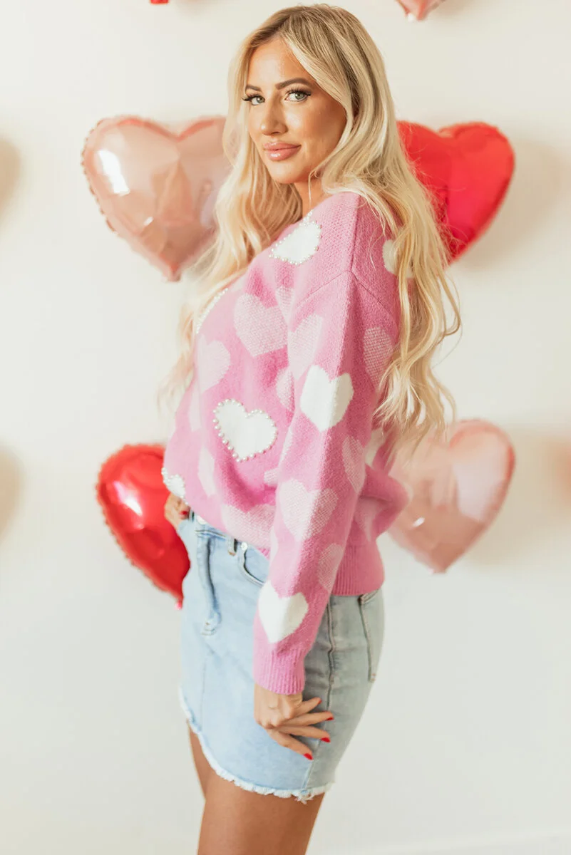 Pink Pearled Heart Print Valentines Crew Neck Sweater - Image 5 | Lily's Pad Studio