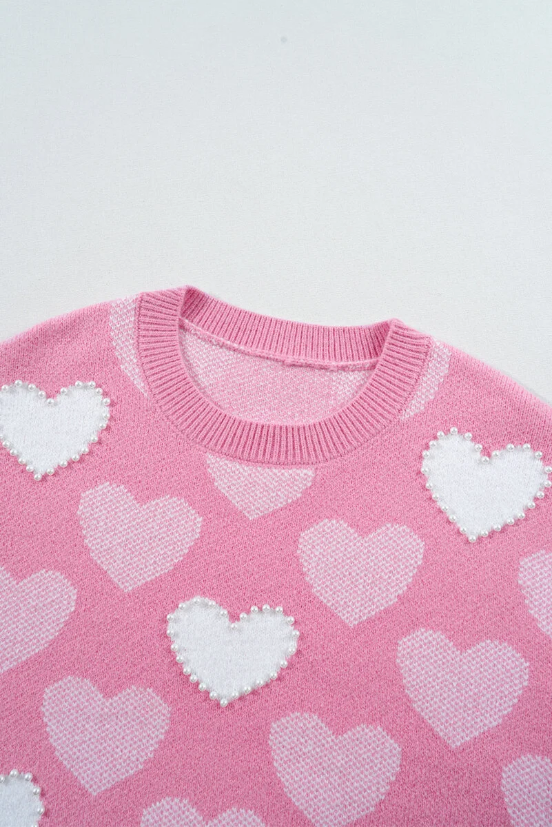 Pink Pearled Heart Print Valentines Crew Neck Sweater - Image 10 | Lily's Pad Studio