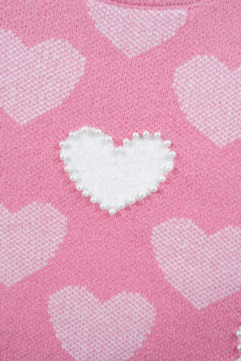 Pink Pearled Heart Print Valentines Crew Neck Sweater - Image 13 | Lily's Pad Studio
