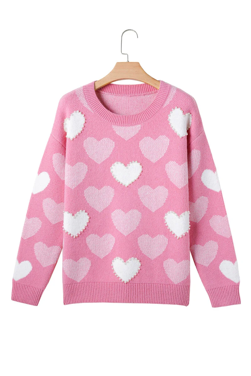 Pink Pearled Heart Print Valentines Crew Neck Sweater - Image 9 | Lily's Pad Studio