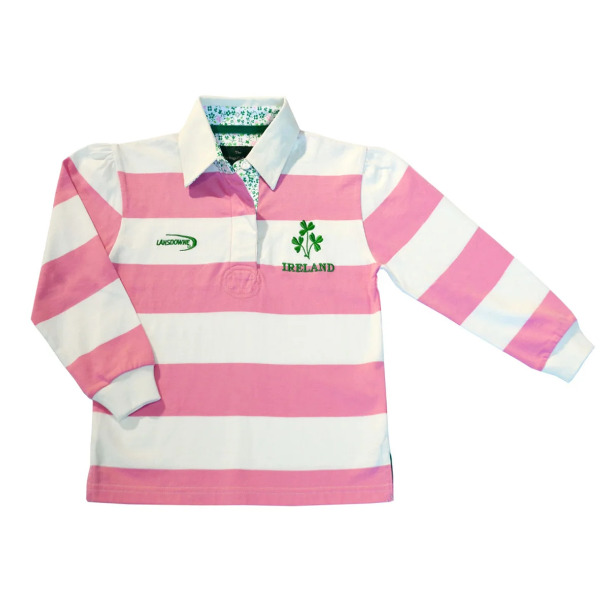 Pink & White Striped Ireland Kids Rugby Shirt with Shamrocks | Lily's Pad Studio