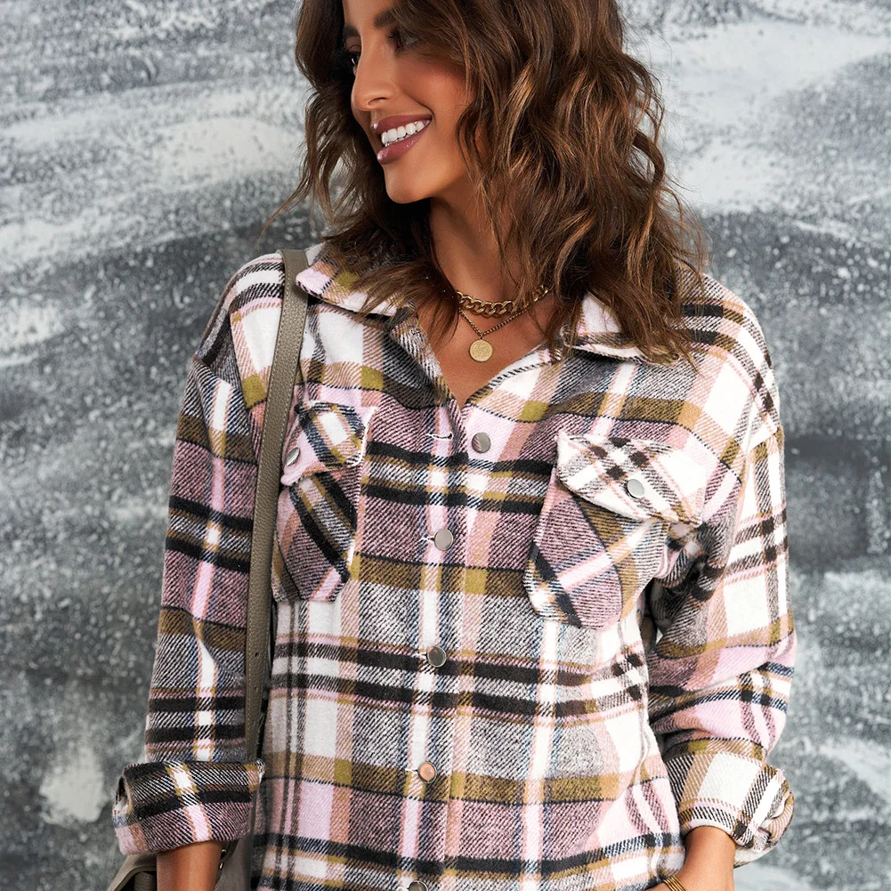 Plaid Button Front Shirt Jacket with Breast Pockets – Casual Layered Shacket - Image 6 | Lily's Pad Studio
