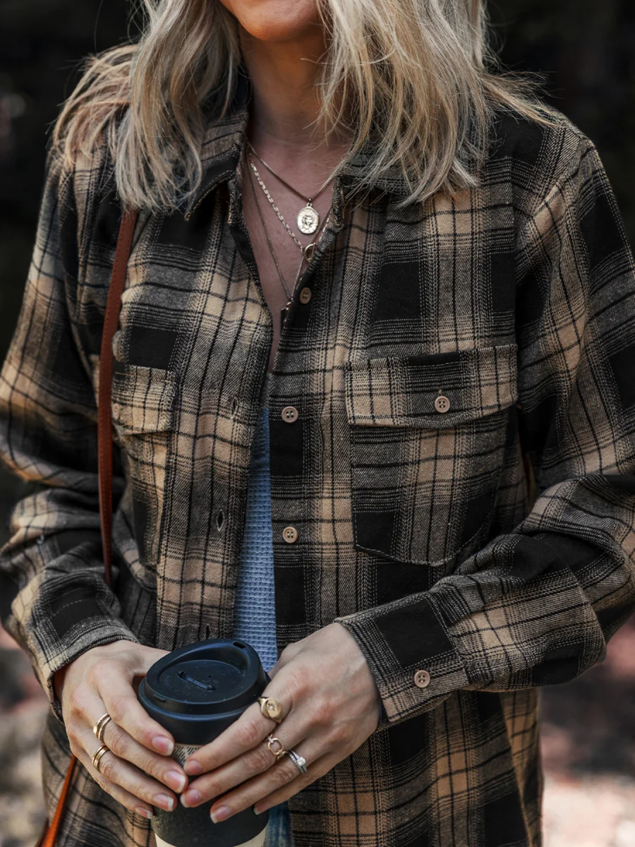 Plaid Double Flap Pocket Brushed Shacket – Button-Front Plaid Layered Jacket - Image 6 | Lily's Pad Studio