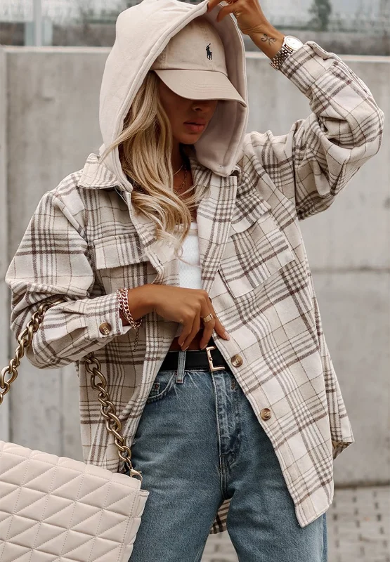 Plaid Removable Hood Button Up Shacket – Stylish Layered Shirt Jacket - Image 3 | Lily's Pad Studio
