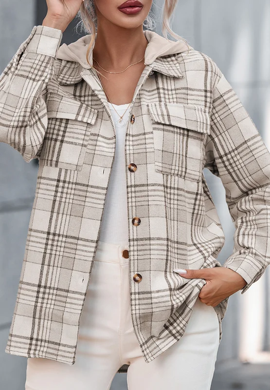 Plaid Removable Hood Button Up Shacket – Stylish Layered Shirt Jacket - Image 7 | Lily's Pad Studio