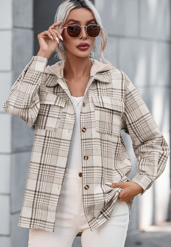 Plaid Removable Hood Button Up Shacket – Stylish Layered Shirt Jacket - Image 8 | Lily's Pad Studio