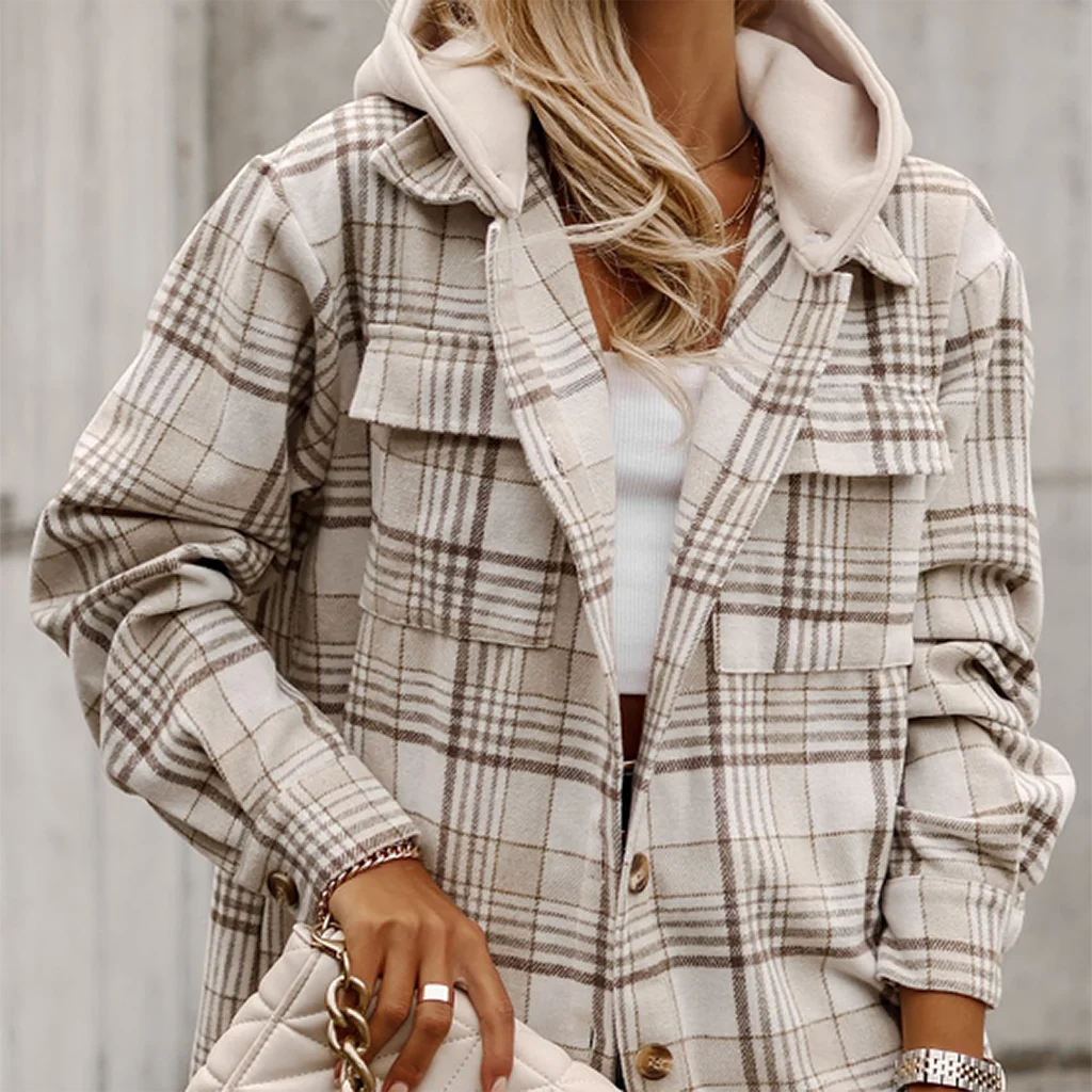 Plaid Removable Hood Button Up Shacket – Stylish Layered Shirt Jacket - Image 2 | Lily's Pad Studio