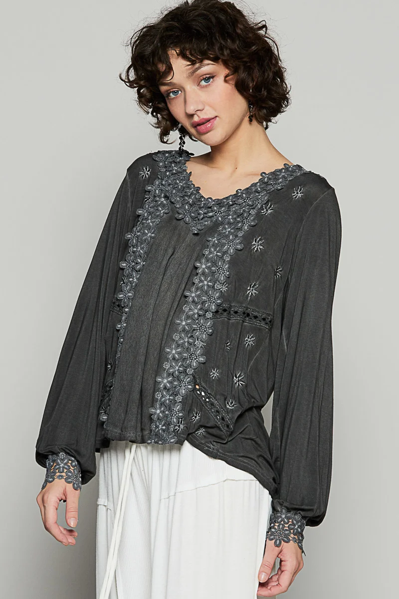 POL Floral Embroidery Woven Top with Lace Trim – Women’s Boho Blouse - Clothing | Lily's Pad Studio