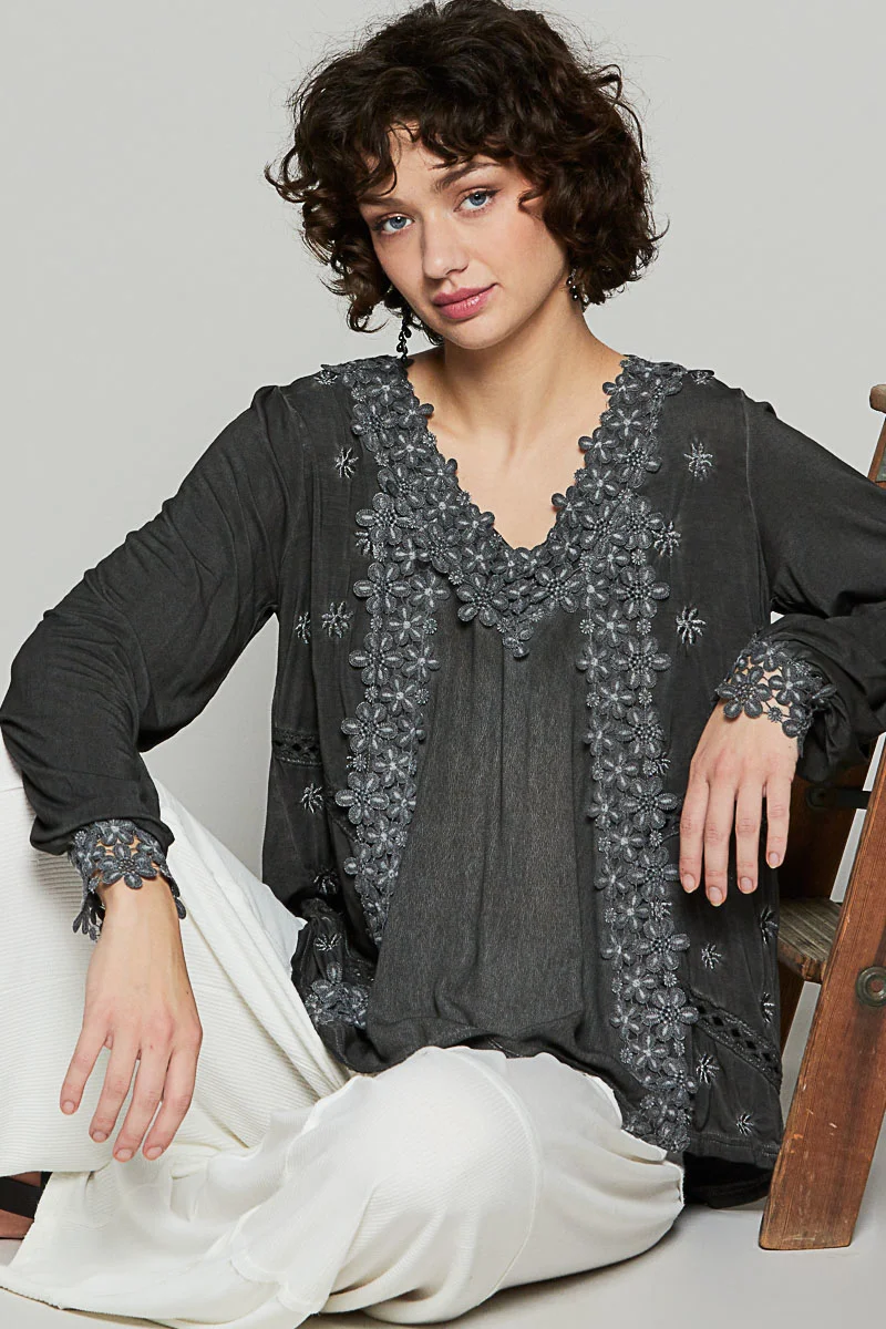POL Floral Embroidery Woven Top with Lace Trim – Women’s Boho Blouse - Image 2 | Lily's Pad Studio
