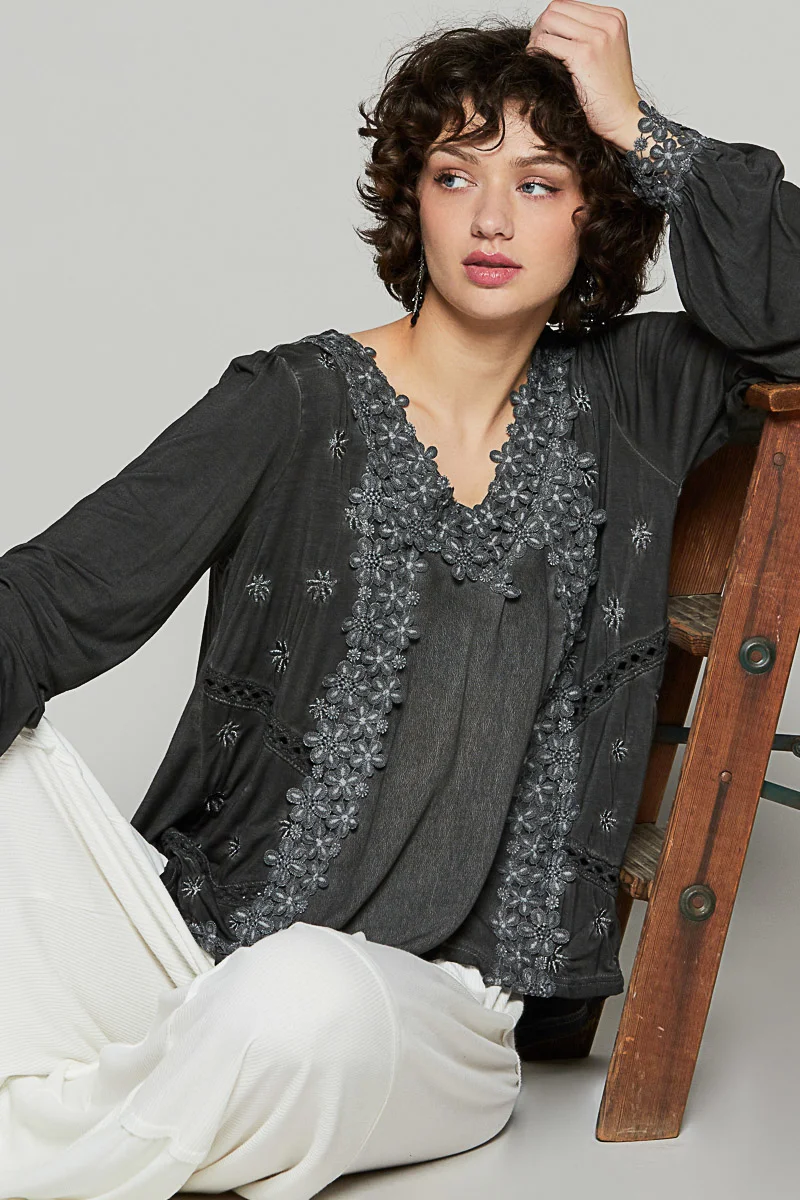 POL Floral Embroidery Woven Top with Lace Trim – Women’s Boho Blouse - Image 3 | Lily's Pad Studio