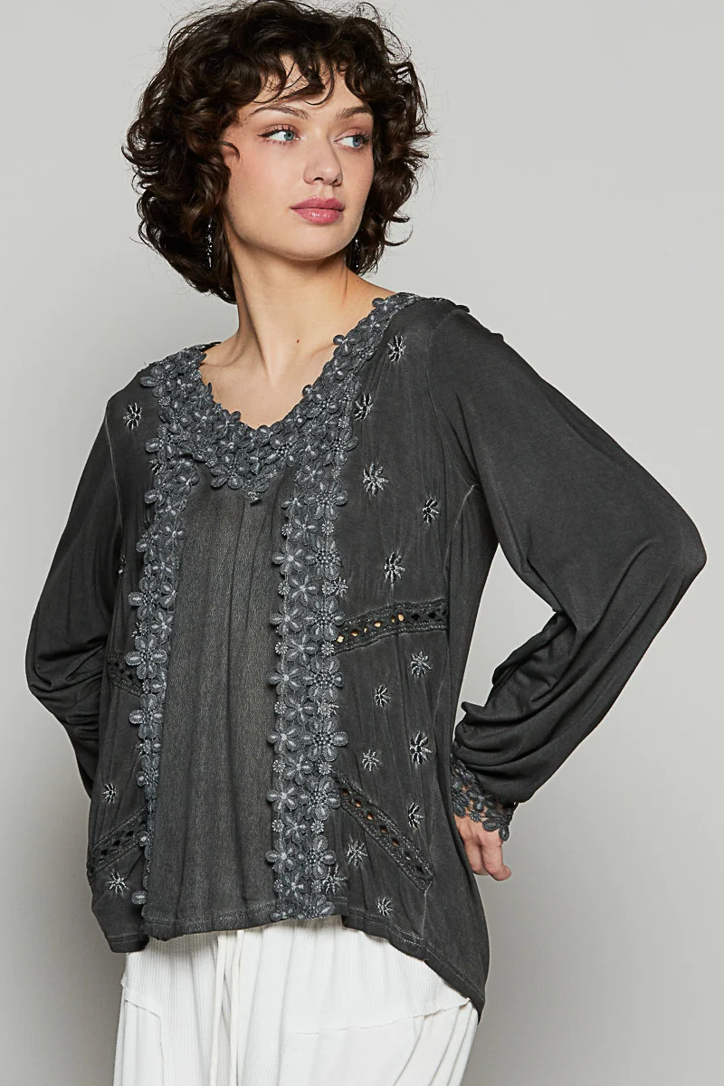 POL Floral Embroidery Woven Top with Lace Trim – Women’s Boho Blouse - Image 4 | Lily's Pad Studio