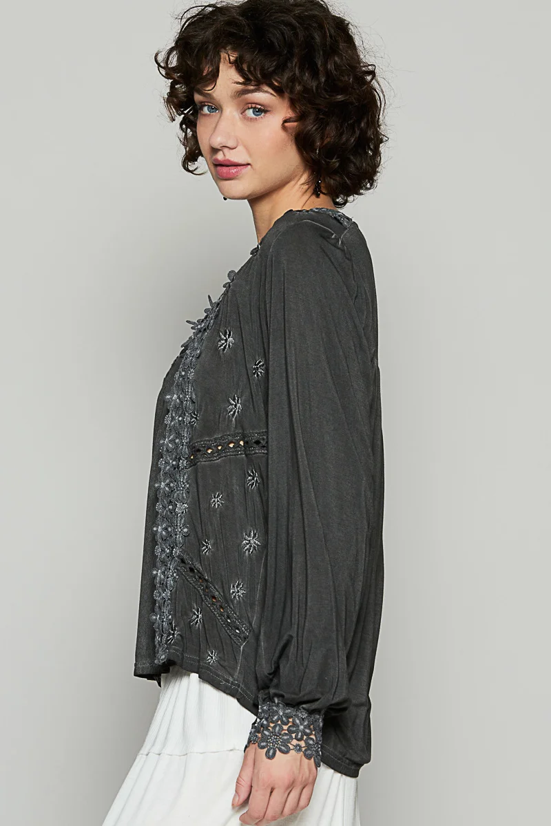 POL Floral Embroidery Woven Top with Lace Trim – Women’s Boho Blouse - Image 5 | Lily's Pad Studio