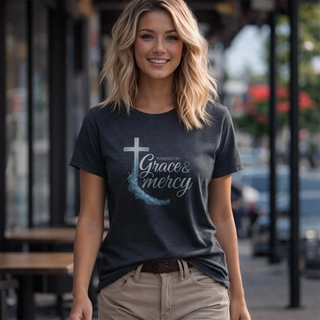 Powered By Grace & Mercy T-Shirt | Bible Tee - Image 1 | Lily's Pad Studio