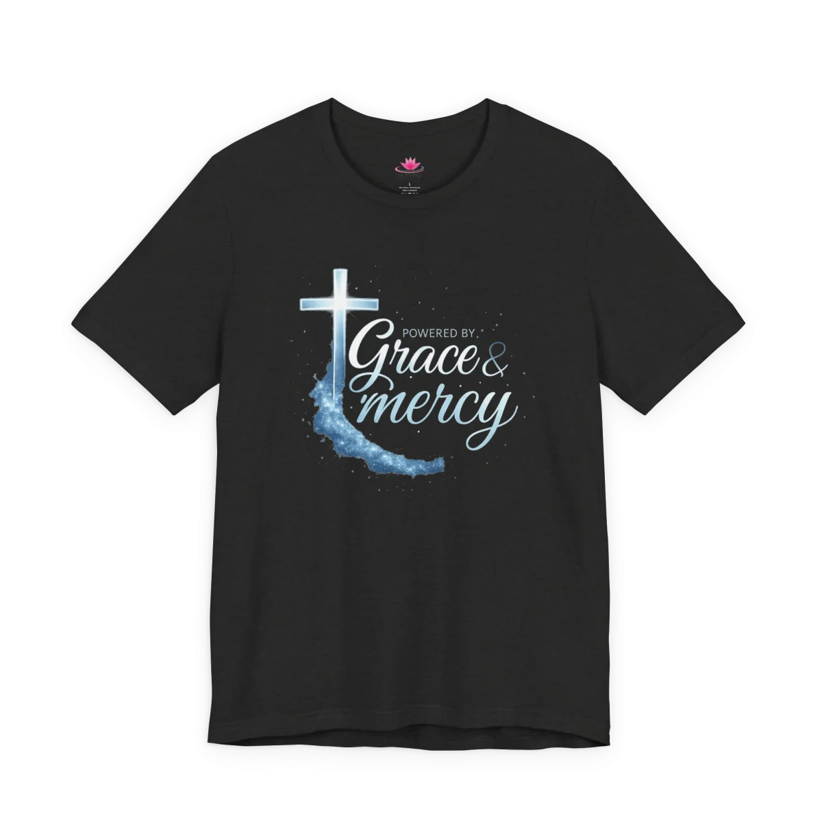 Powered by Grace & Mercy T-Shirt – Inspirational Christian Bible Verse Tee - Image 5 | Lily's Pad Studio
