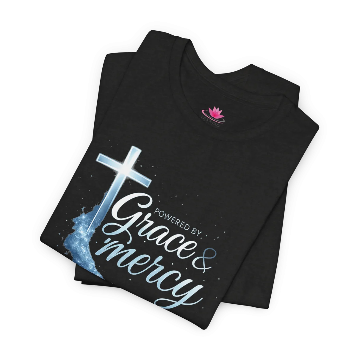 Powered by Grace & Mercy T-Shirt – Inspirational Christian Bible Verse Tee - Image 25 | Lily's Pad Studio