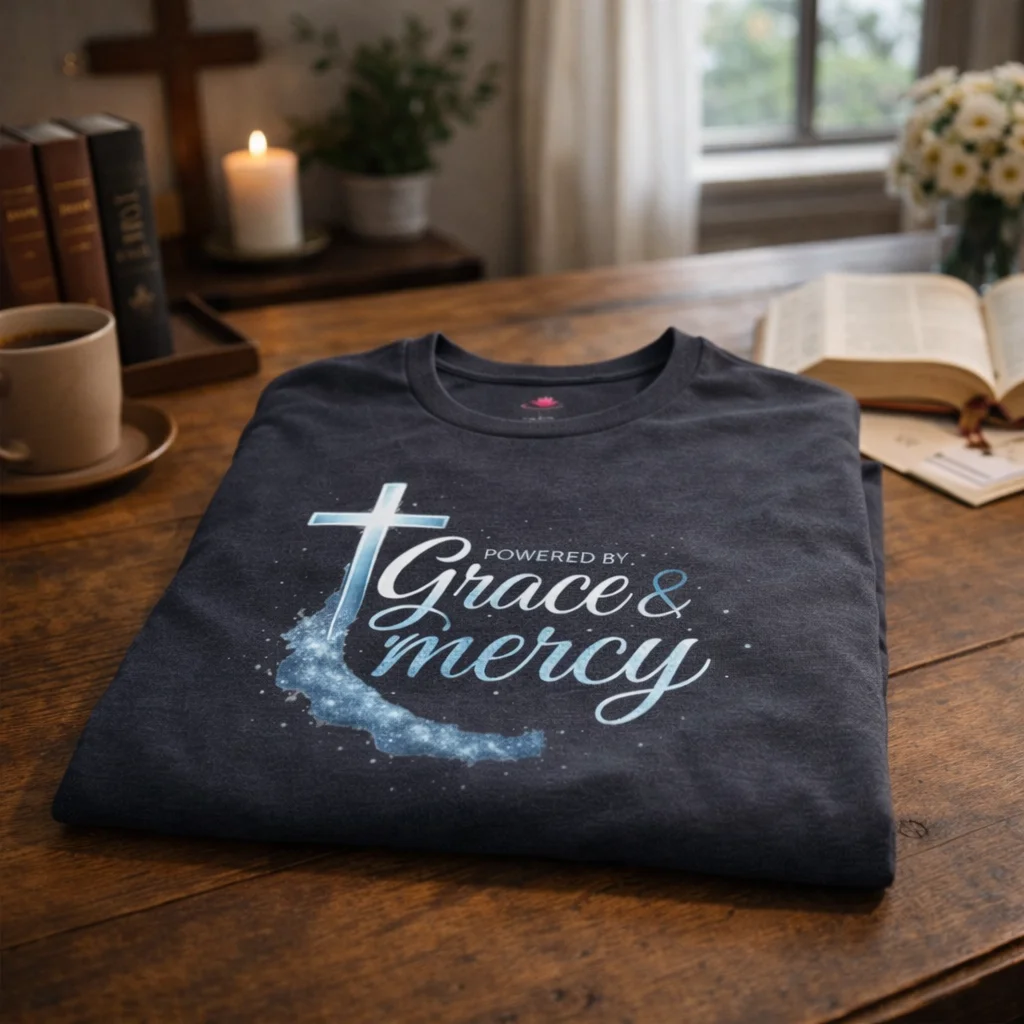 Powered by Grace & Mercy T-Shirt – Inspirational Christian Bible Verse Tee - Image 2 | Lily's Pad Studio