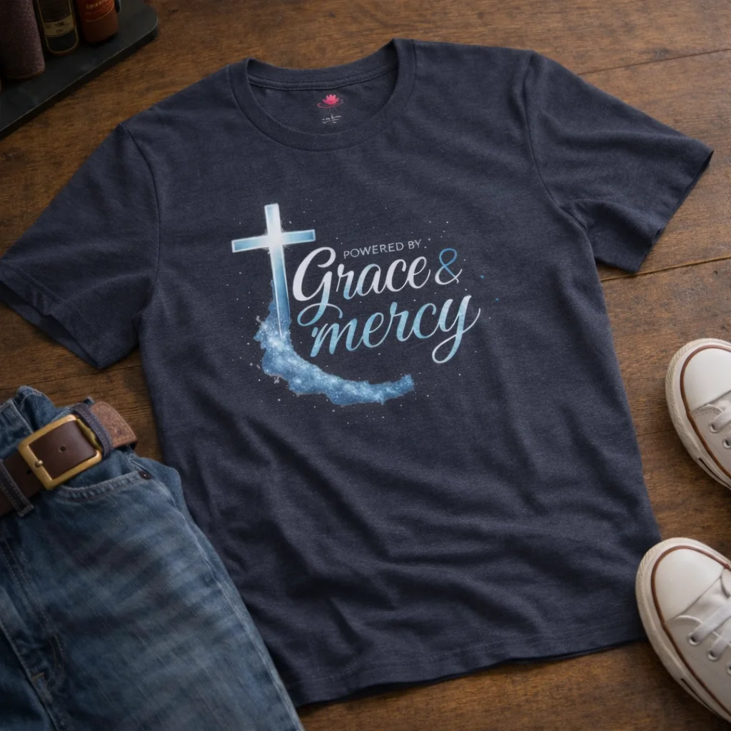 Powered by Grace & Mercy T-Shirt – Inspirational Christian Bible Verse Tee - Image 3 | Lily's Pad Studio