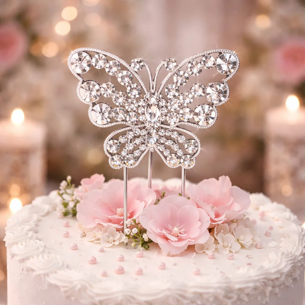 Rhinestone Covered Butterfly Cake Topper in Sterling Silver – Sparkle Wedding Cake Decoration - Cake Toppers | Lily's Pad Studio