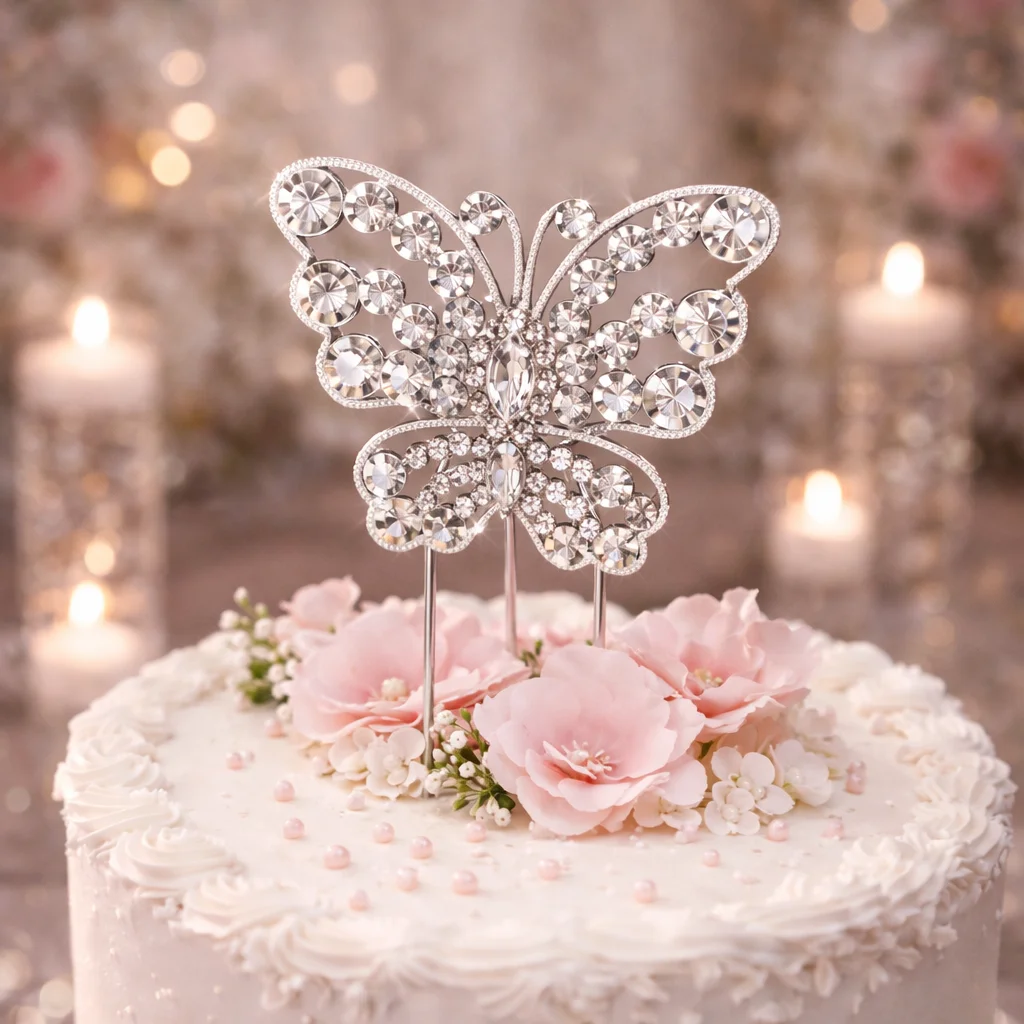 Rhinestone Covered Butterfly Cake Topper in Sterling Silver – Sparkle Wedding Cake Decoration - Image 2 | Lily's Pad Studio