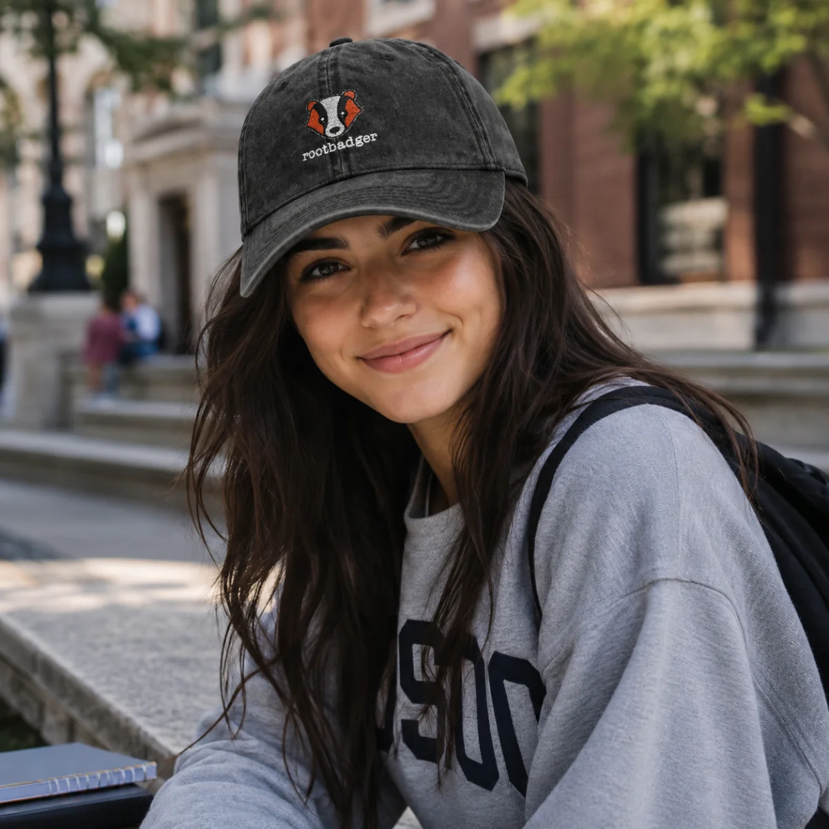 RootBadger Embroidered Vintage Cap | Washed Black Dad Hat - Image 1 | Lily's Pad Studio