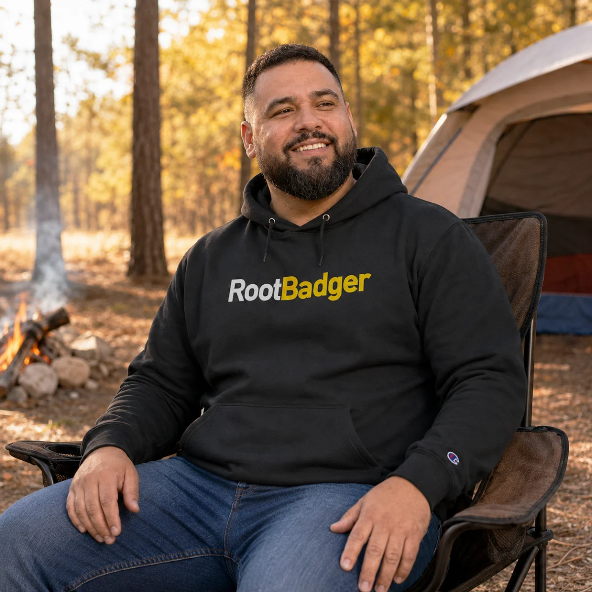 RootBadger Logo Hoodie | Champion Style Pullover, Charcoal Crest - Image 1 | Lily's Pad Studio