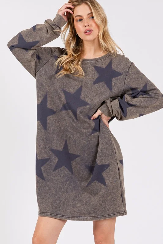 SAGE + FIG Washed Star Print Round Neck Dress - Dresses | Lily's Pad Studio
