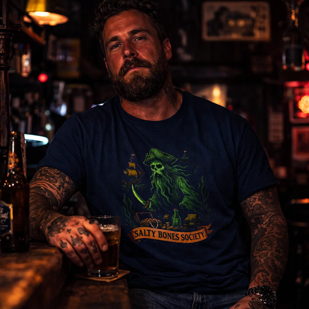 Salty Bones Society T-Shirt | Ghost Pirate - Seaweed, Retro Tattoo Style - Image 7 | Lily's Pad Studio