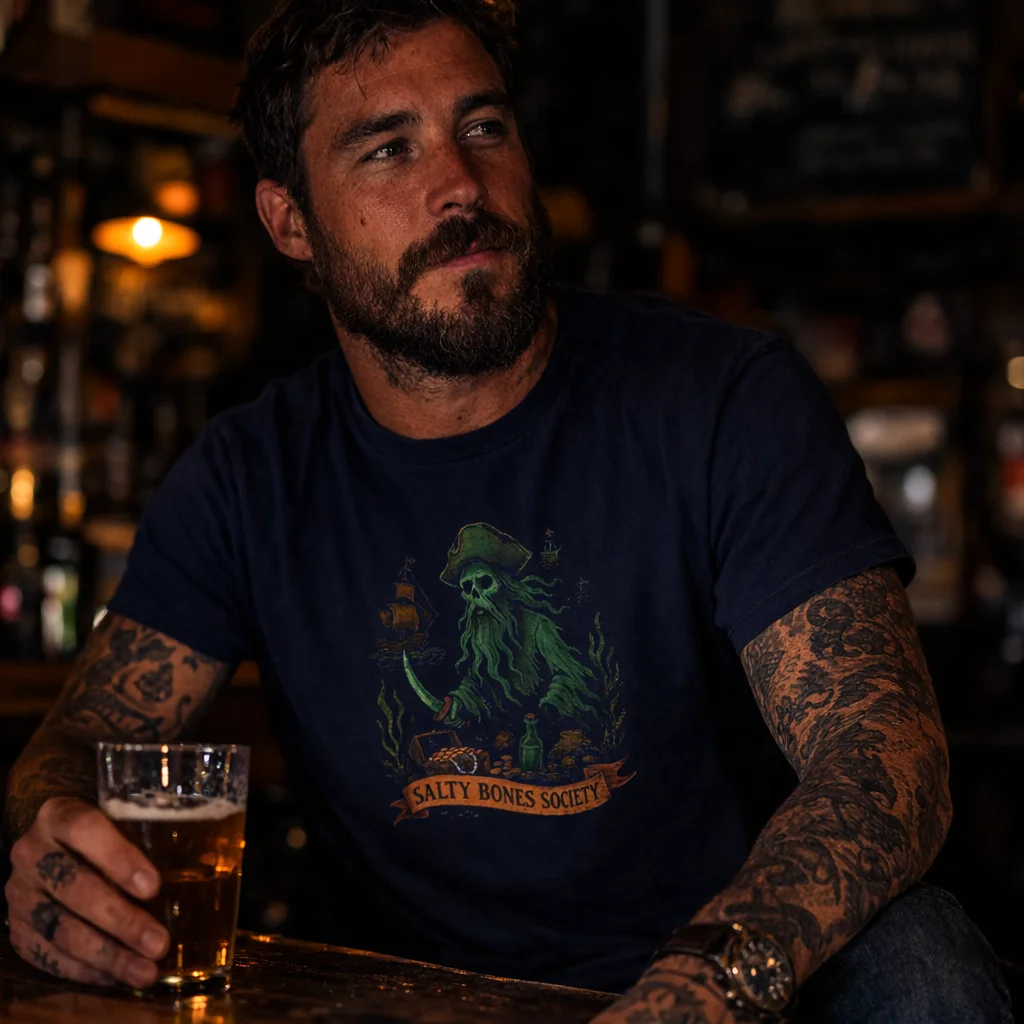 Salty Bones Society T-Shirt | Ghost Pirate - Seaweed, Retro Tattoo Style - Image 6 | Lily's Pad Studio