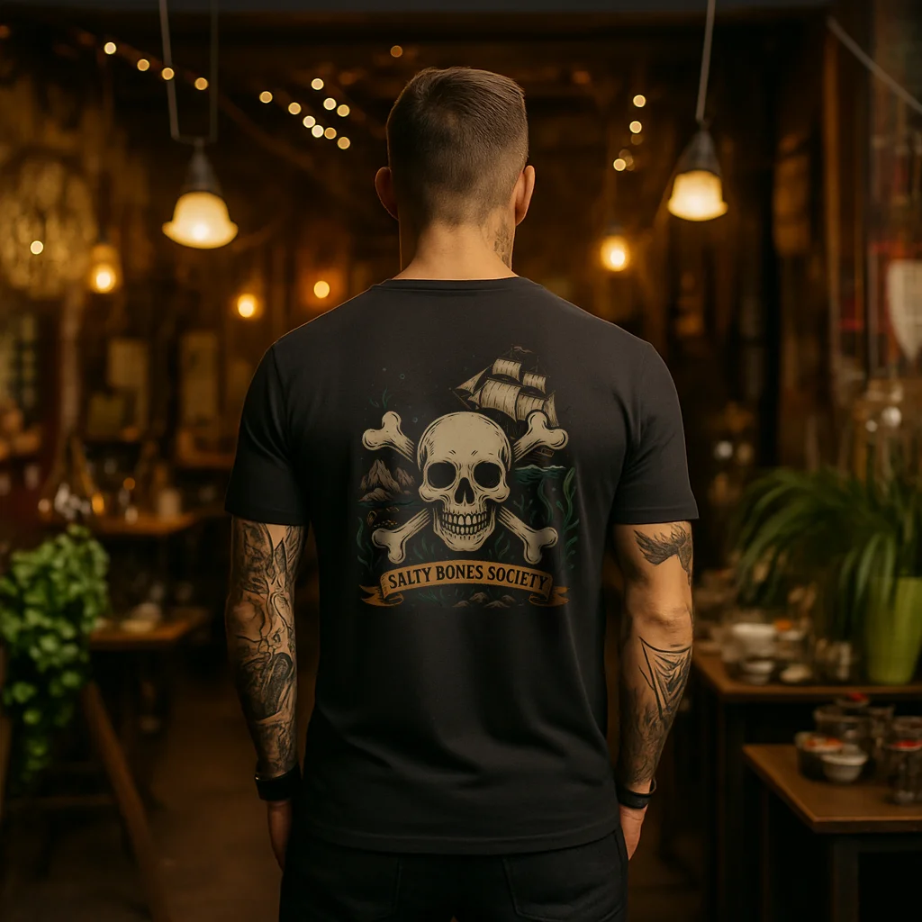 Salty Bones Society T-Shirt | Ghost Pirate - Seaweed, Retro Tattoo Style - Image 10 | Lily's Pad Studio