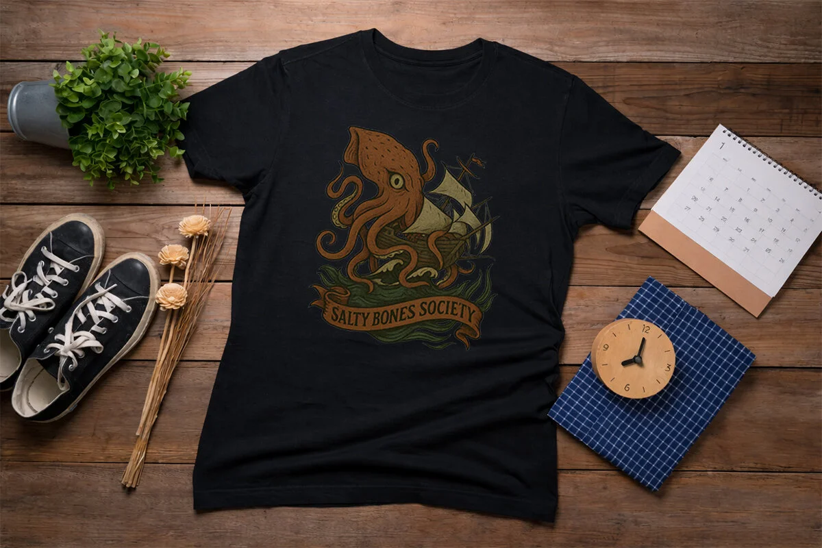 Salty Bones Society T-Shirt | The Kraken - Seaweed, Retro Tattoo Style - Image 5 | Lily's Pad Studio