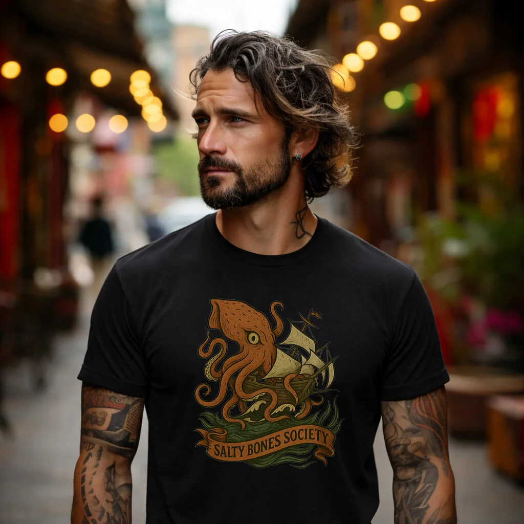 Salty Bones Society T-Shirt | The Kraken - Seaweed, Retro Tattoo Style | Lily's Pad Studio
