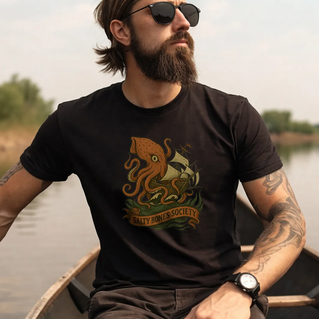 Salty Bones Society T-Shirt | The Kraken - Seaweed, Retro Tattoo Style - Image 3 | Lily's Pad Studio