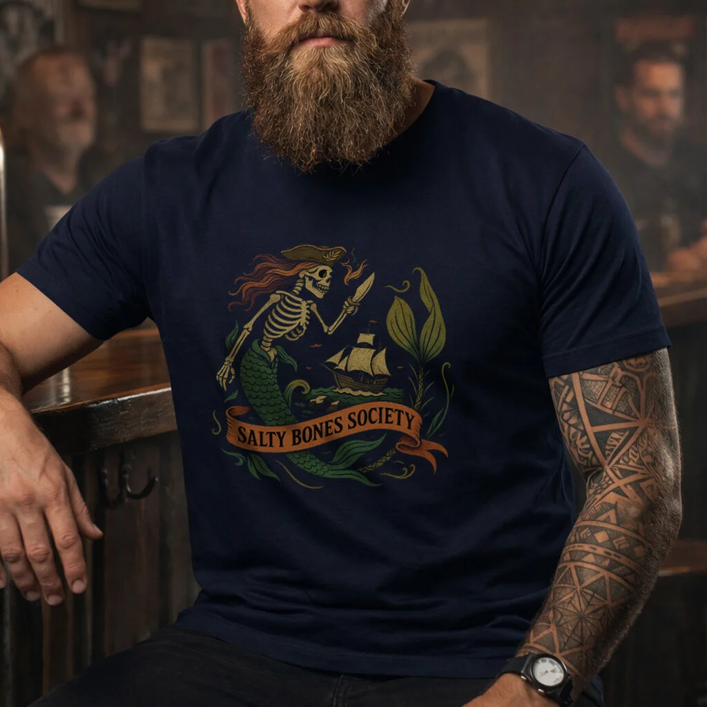 Salty Bones Society T-Shirt | The Mermaid - Seaweed, Retro Tattoo Style - Image 3 | Lily's Pad Studio