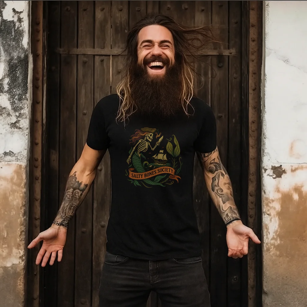 Salty Bones Society T-Shirt | The Mermaid - Seaweed, Retro Tattoo Style - Image 4 | Lily's Pad Studio