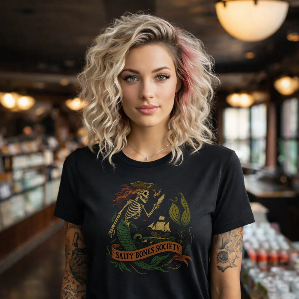 Salty Bones Society T-Shirt | The Mermaid - Seaweed, Retro Tattoo Style | Lily's Pad Studio