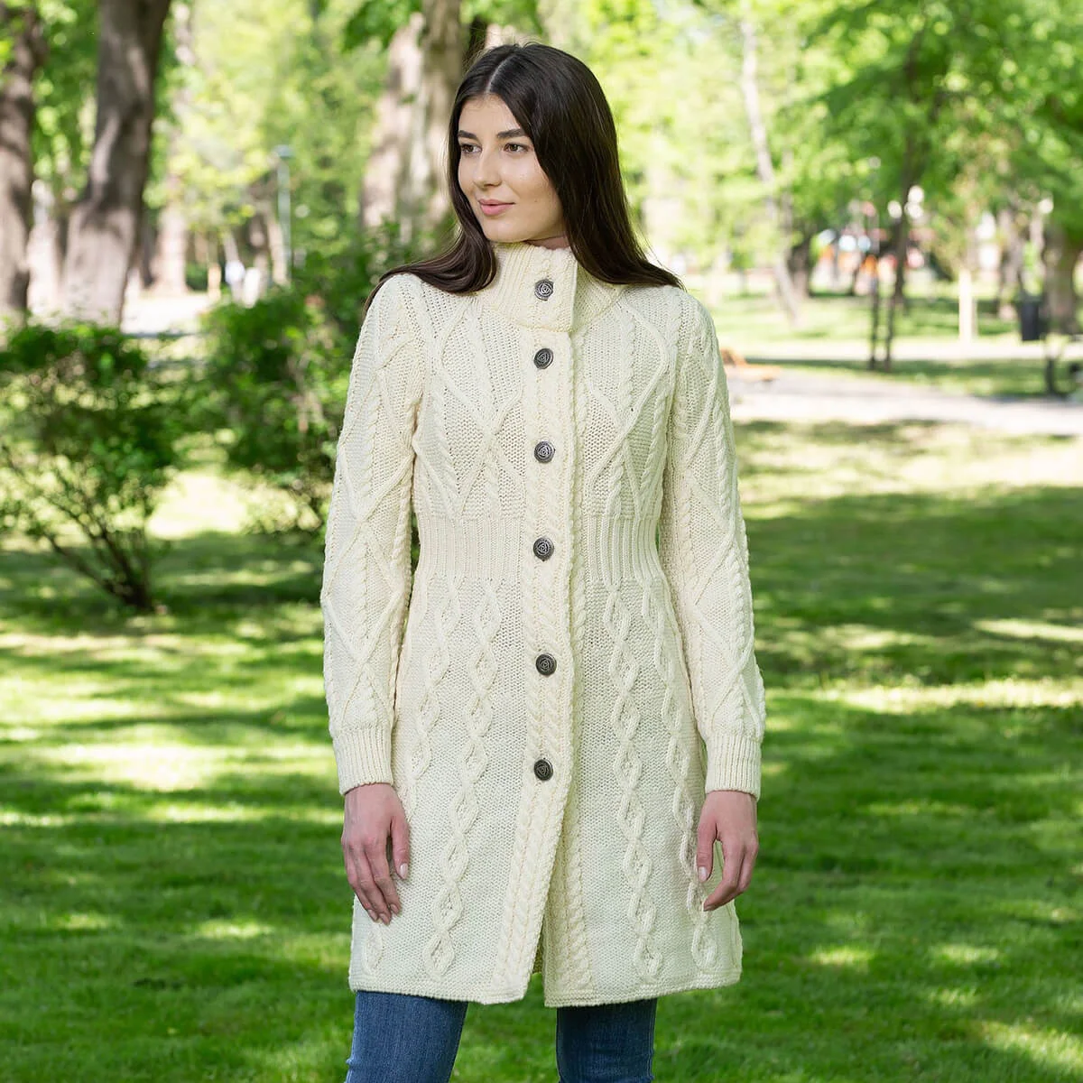 SAOL Aran Cable Signature Coat – 100% Merino Wool Irish Knitwear - Image 2 | Lily's Pad Studio