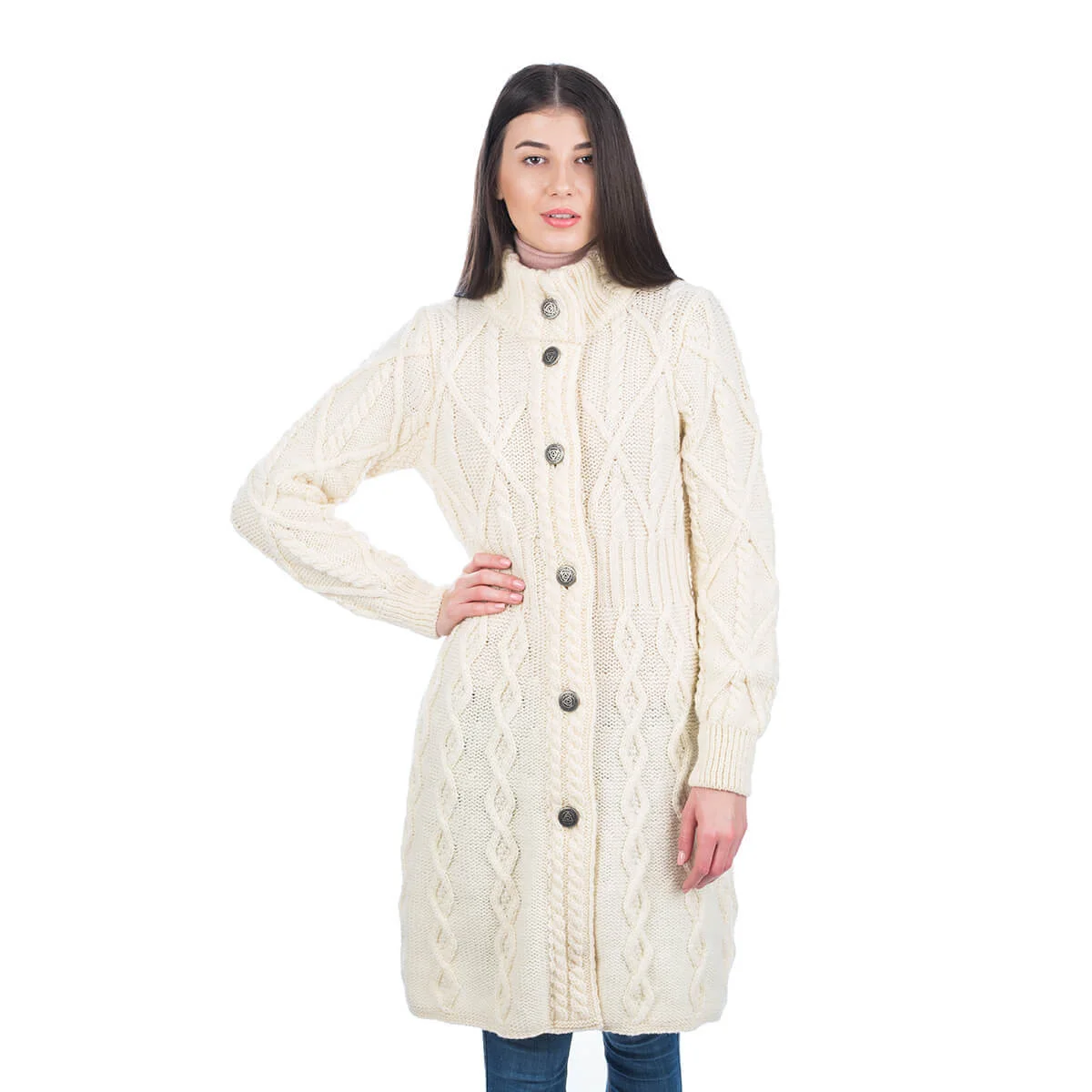 SAOL Aran Cable Signature Coat – 100% Merino Wool Irish Knitwear - Image 3 | Lily's Pad Studio